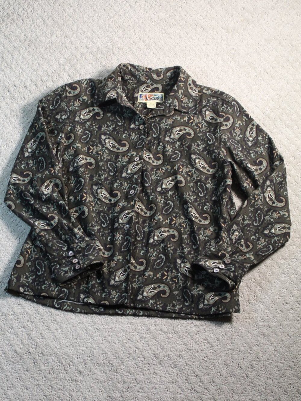 Vintage La Cabana Size XL Olive Green Black Paisley Long Sleeve Button Up Blouse